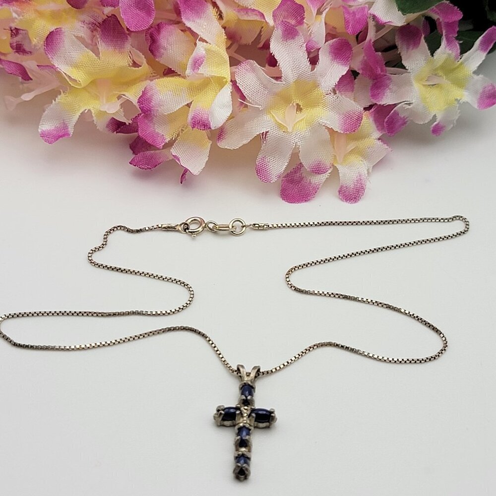 Blue Spinel Sterling Silver Cross Necklace Signed TI JJ Italy 14 Inch Box Chain